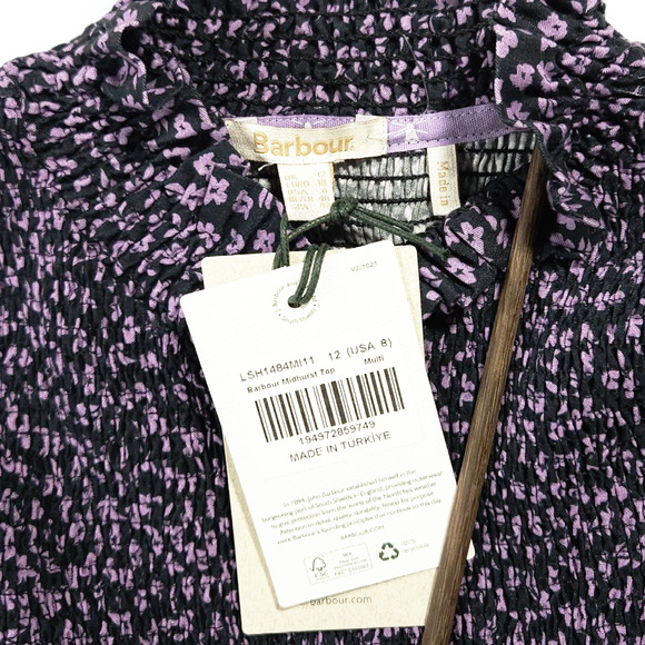 NWT Barbour Midhurst Mock Neck Smocked Ditsy Floral Blouse Sz. 8 Purple Black - Picture 5 of 12
